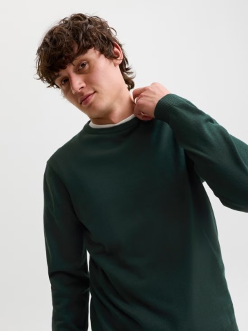 Jack & Jones Pulover barbati cu decolteu la baza gatului, din bumbac organic, JJEBASIC, Verde inchis - Img 5