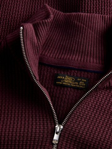 Jack & Jones Pulover barbati cu fermoar la baza gatului, din bumbac organic, JPRBLUSTANLEY, Bordeaux - Img 3