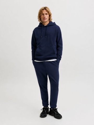 Jack & Jones Set trening barbati, format din hanorac cu gluga, fara fermoar si pantaloni lungi, Relaxed Fit, JJEBRADLEY, Bleumarin inchis