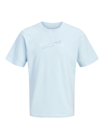 Jack & Jones Tricou baieti, cu decolteu la baza gatului, imprimeu text, Albastru deschis