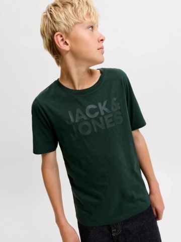 Jack & Jones Tricou baieti, din bumbac organic, Regular fit la baza gatului, JJECORP, Verde inchis - Img 5
