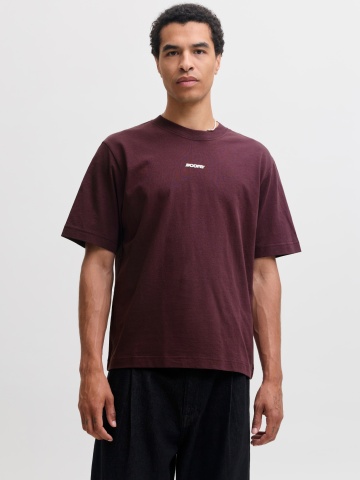 Jack & Jones Tricou barbati, cu decolteu la baza gatului, din bumbac, Relaxed Fit, JCOCLUB BACK SCRIPT, Bordeaux