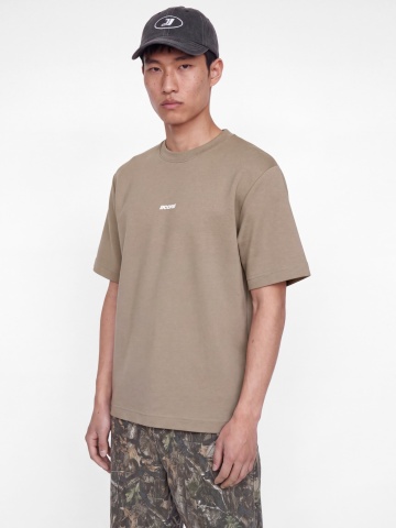 Jack & Jones Tricou barbati, cu decolteu la baza gatului, din bumbac, Relaxed Fit, JCOCLUB BACK SCRIPT, Bej inchis