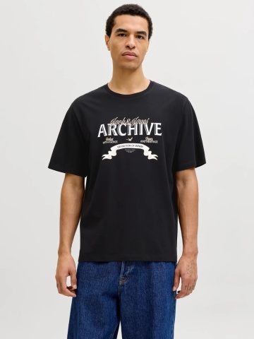 Jack & Jones Tricou barbati cu decolteu la baza gatului, imprimeu cu logo, Regular fit, Negru