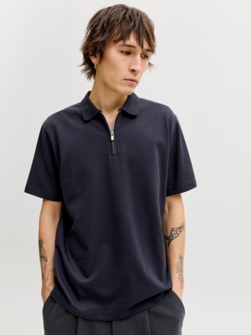Jack & Jones Tricou polo barbati, cu fermoar, Regular Fit, JPRBLAETHAN, Bleumarin inchis - Img 3