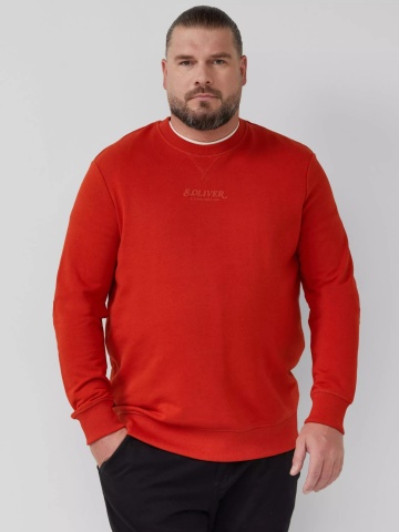 s.Oliver Big Sizes Bluza barbati big sizes cu decolteu la baza gatului, logo, Regular Fit, Rosu caramiziu