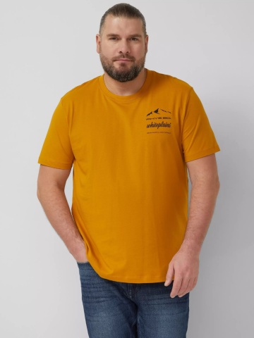 s.Oliver Big Sizes Tricou barbati big sizes, cu decolteu la baza gatului si imprimeu cu text, Galben inchis