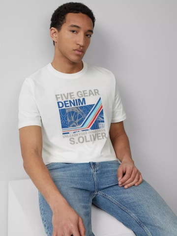 s.Oliver Tricou barbati cu imprimeu text Unleash your inner drive, croiala Regular Fit, Alb