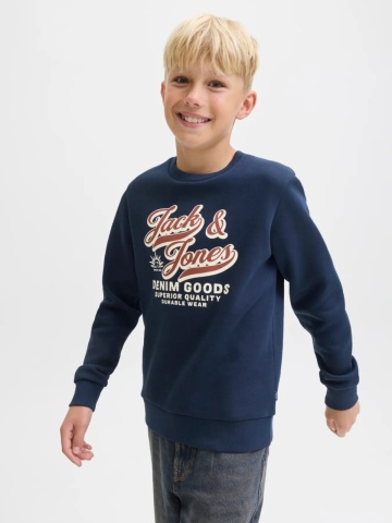 Jack & Jones Bluza baieti, Regular fit, cu imprimeu text si decolteu la baza gatului, Bleumarin inchis - Img 3