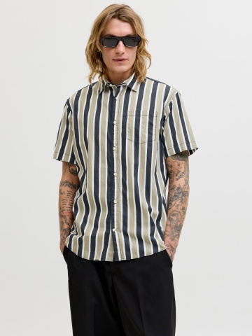 Jack & Jones Camasa barbati din bumbac cu imprimeu in dungi, Regular Fit, JJETHAN, Verde
