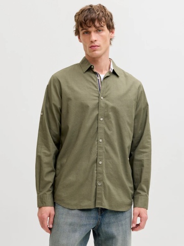 Jack & Jones Camasa barbati, Regular fit, Henry, din bumbac, Olive