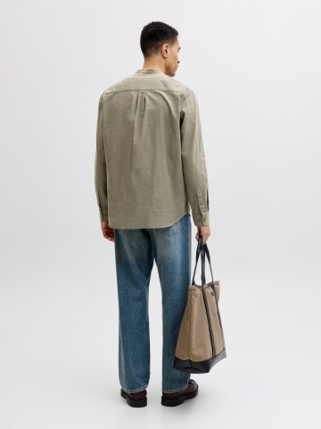 Jack & Jones Camasa cu maneca lunga barbati si guler tunica din amestec de in, Olive - Img 2