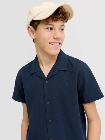 Jack & Jones Camasa cu maneca scurta baieti, Waffle Resort Shirt, Relaxed Fit, Bleumarin inchis - Img 3