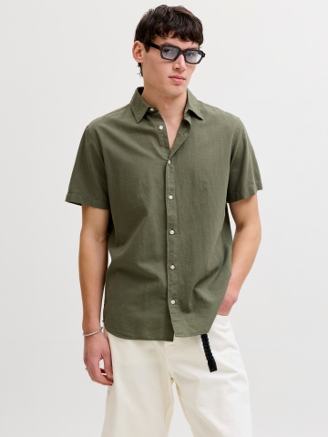 Jack & Jones Camasa cu maneca scurta barbati, din amestec de in, Regular fit, Olive