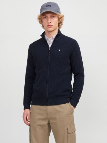 Jack & Jones Cardigan tricotat barbati cu guler inalt, din bumbac organic, JPRBLURYAN, Bleumarin inchis