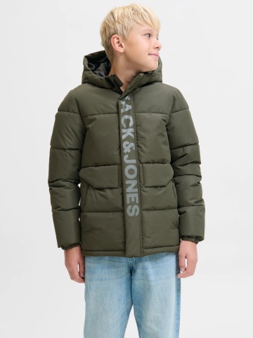 Jack & Jones Geaca PUFFER baieti, cu dubla inchidere, gluga si imprimeu cu logo, Verde