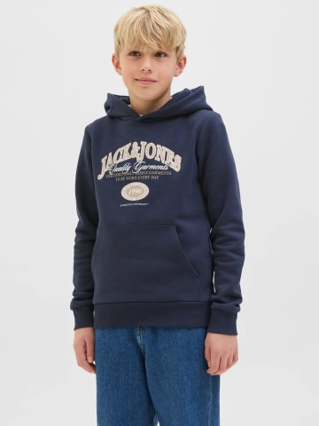 Jack & Jones Hanorac baieti cu imprimeu cu logo si buzunar tip marsupiu, Bleumarin inchis