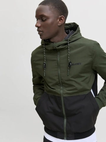 Jack & Jones Jacheta bomber cu gluga, JJERUSH HOOD, Verde inchis/Negru - Img 3