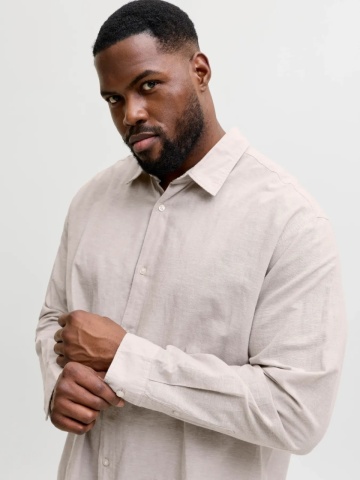 Jack & Jones Plus Camasa barbati big sizes, din amestec de in, Regular fit, Breeze, Bej - Img 4