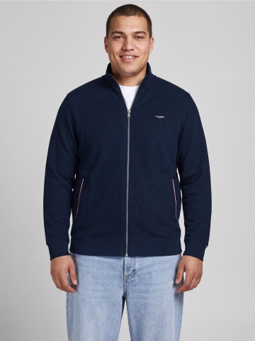 Jack & Jones Plus Cardigan tricotat barbati big sizes cu guler inalt, din bumbac organic, Regular fit, JPRBLUALVES, Bleumarin inchis - Img 3