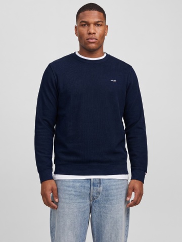 Jack & Jones Plus Pulover barbati din bumbac organic, decolteu la baza gatului, Regular Fit, JPRBLUALVES, Bleumarin inchis