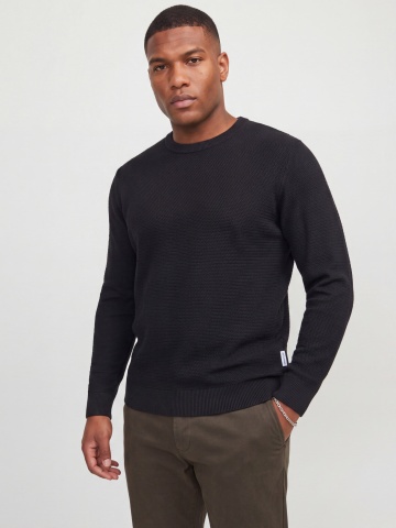 Jack & Jones Plus Pulover tricotat barbati big sizes, din bumbac organic, decolteu la baza gatului, JJERYDER, Regular Fit, Negru
