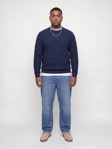 Jack & Jones Plus Pulover tricotat barbati big sizes, din bumbac organic, decolteu la baza gatului, JJERYDER, Regular Fit, Bleumarin inchis - Img 4