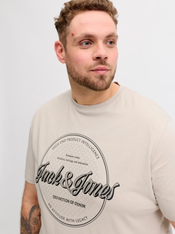 Jack & Jones Plus Tricou barbati big sizes, imprimeu text cu logo, Crem - Img 3