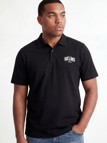 Jack & Jones Plus Tricou polo barbati big sizes, din jerseu de bumbac, Regular Fit, Negru - Img 3