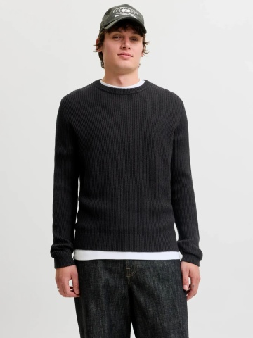 Jack & Jones Pulover tricotat barbati, decolteu la baza gatului, Regular Fit, JJPANNEL, Negru