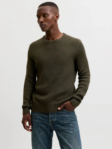 Jack & Jones Pulover tricotat barbati, decolteu la baza gatului, Regular Fit, JJPANNEL, Verde inchis