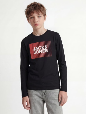 Jack & Jones Tricou baieti la baza gatului, cu maneca lunga, din bumbac organic, Regular fit, Negru