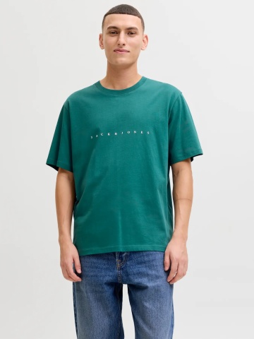 Jack & Jones Tricou barbati JJESTAR JJ TEE SS, cu textul Jack & Jones, Relaxed Fit, Verde inchis