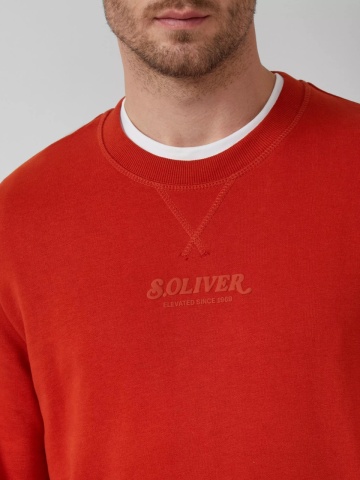 s.Oliver Bluza barbati cu decolteu la baza gatului, logo, Regular Fit, Rosu caramiziu - Img 3
