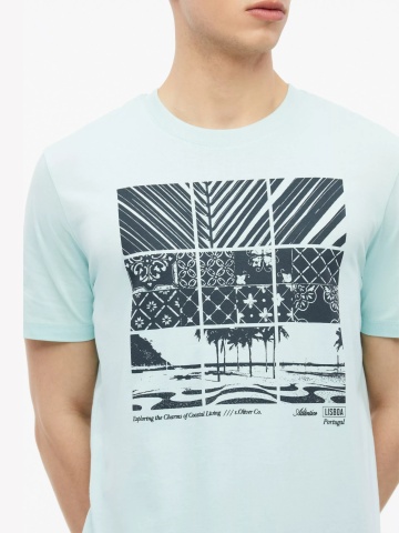 s.Oliver Tricou barbati, din bumbac, cu imprimeu frontal, Turcoaz deschis - Img 3