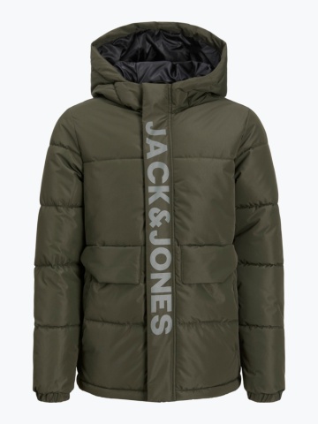Jack & Jones Geaca PUFFER baieti, cu dubla inchidere, gluga si imprimeu cu logo, Verde - Img 8