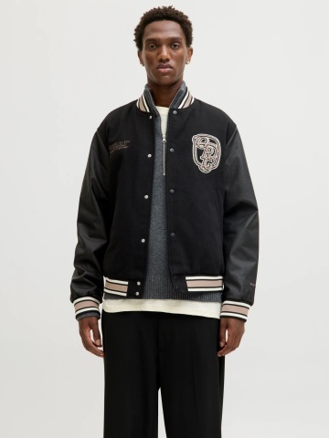 Jack & Jones Jacheta barbati, MEADOWS COLLEGE BOMBER, cu buzunare oblice fara fermoar, inchidere cu capse, Negru