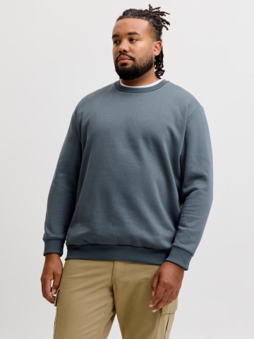 Jack & Jones Plus Bluza barbati big sizes, cu decolteu la baza gatului, Relaxed Fit, JJEBRADLEY, Gri albastrui