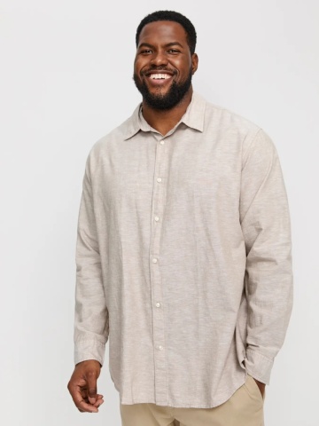 Jack & Jones Plus Camasa barbati big sizes, cu maneca lunga din amestec de in, Bej - Img 3