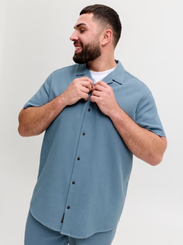 Jack & Jones Plus Camasa Waffle, barbati big sizes, Resort Shirt, Albastru inchis - Img 3