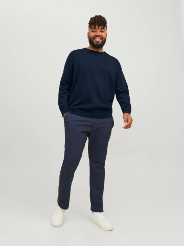 Jack & Jones Plus Pulover tricotat barbati big sizes, din bumbac organic, cu decolteu la baza gatului, Regular Fit, JJEBASIC, Bleumarin inchis - Img 6