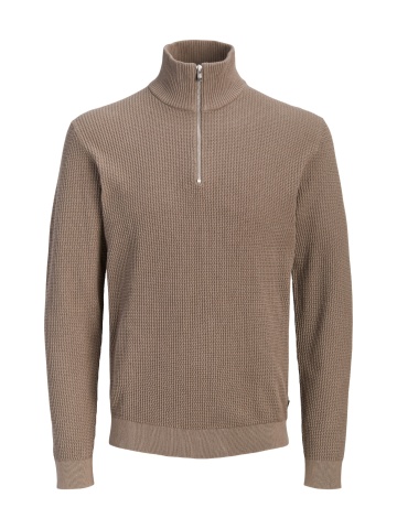 Jack & Jones Pulover barbati cu fermoar la baza gatului, din bumbac organic, JPRBLUSTANLEY, Maro deschis