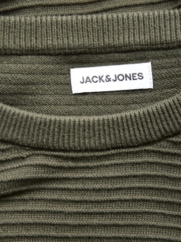 Jack & Jones Pulover barbati din bumbac organic, decolteu la baza gatului, Regular Fit, JJEBRODY, Verde inchis - Img 3