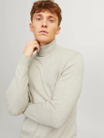 Jack & Jones Pulover tricotat barbati, cu guler inalt, Regular fit, JJEEMIL, Bej - Img 3