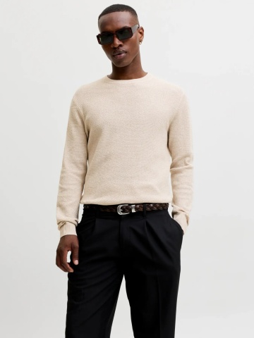 Jack & Jones Pulover tricotat barbati, din bumbac organic, Regular fit, JAURYDER, Bej