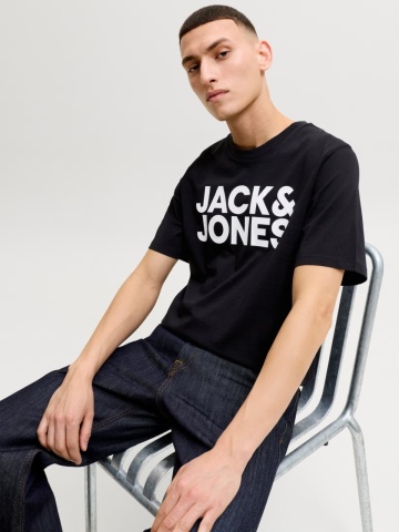Jack & Jones Tricou simplu, barbati, din 100% bumbac, cu imprimeu cu logo, Negru - Img 3