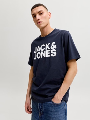 Jack & Jones Tricou simplu, barbati, din 100% bumbac, cu imprimeu cu logo, Bleumarin inchis