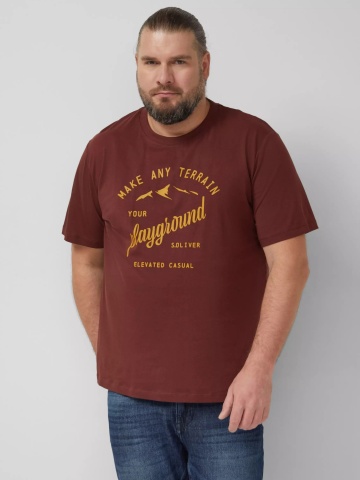 s.Oliver Big Sizes Tricou barbati big sizes, cu decolteu la baza gatului si imprimeu cu text, Rosu inchis