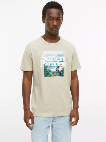 s.Oliver Tricou barbati din bumbac, cu imprimeu foto, Regular fit, Bej