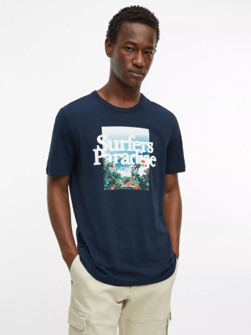s.Oliver Tricou barbati din bumbac, cu imprimeu foto, Regular fit, Bleumarin inchis